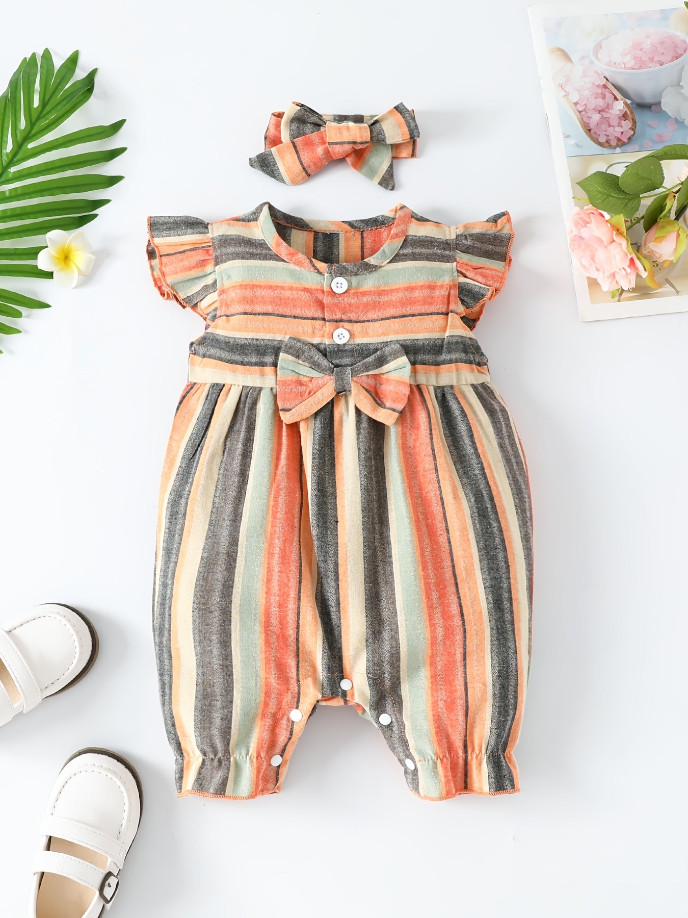 Baby Girls Cute Casual Striped Ruffled Romper With Bow Decoration & Bow Headband Set For Summer