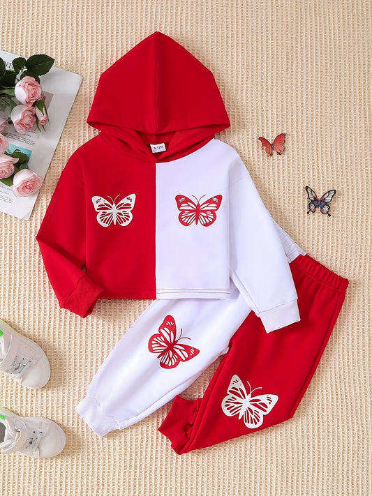 Baby Girls Stylish Color Block Butterfly Print Hooded Sweatshirt Set Hoodie Pants 2pcs Outfits Trendy Street Wear