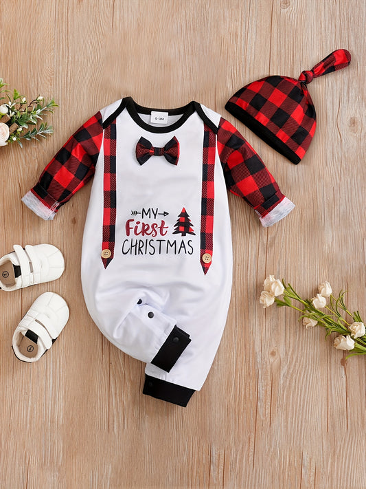 Christmas Letter Plaid Graphic Fake Overalls Romper, Cute Baby Bodysuit (Hat Included)