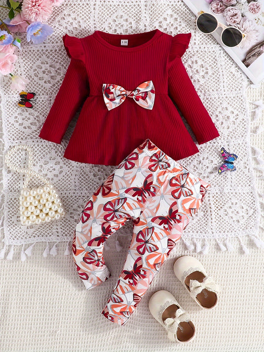 2pcs Toddler Girls Elegant Bowknot Long Sleeve Top + Butterfly Print Pants Set, Infant Babies Kids Cotton Stylish Clothes