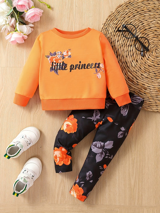 Baby Girls Trendy Casual Outfit, LITTLE PRINCESS Print Sweatshirt Floral Pants Set