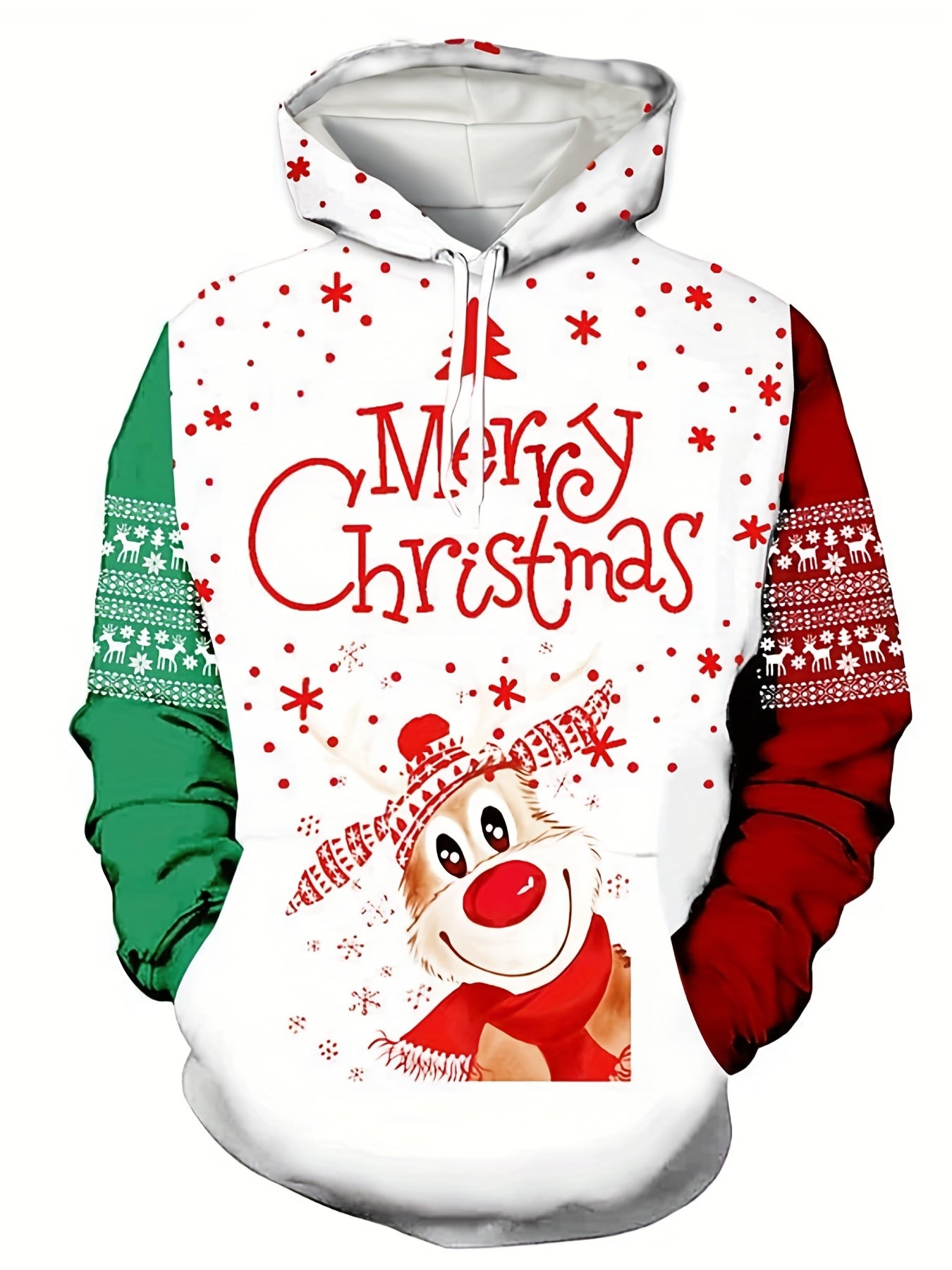 Men's Christmas Elk Print Hoodie, Casual Slightly Stretch Breathable Hooded Sweatshirt Fot Outdoor, Men's Clothing
