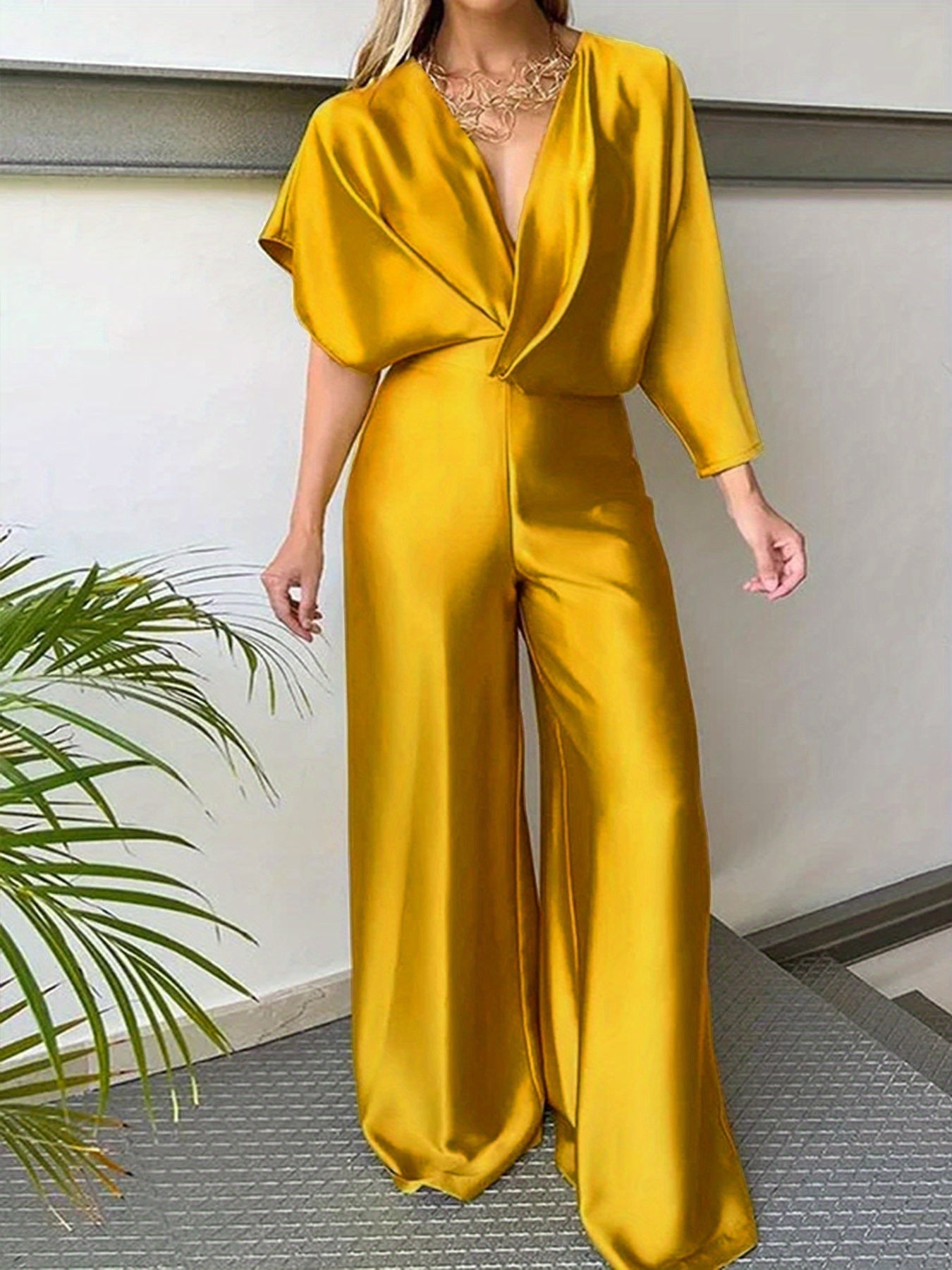 Plus Size Sexy Jumpsuit, Women's Plus Solid Satin Batwing Sleeve V Neck Tie Cut Out Back Wide Leg Jumpsuit