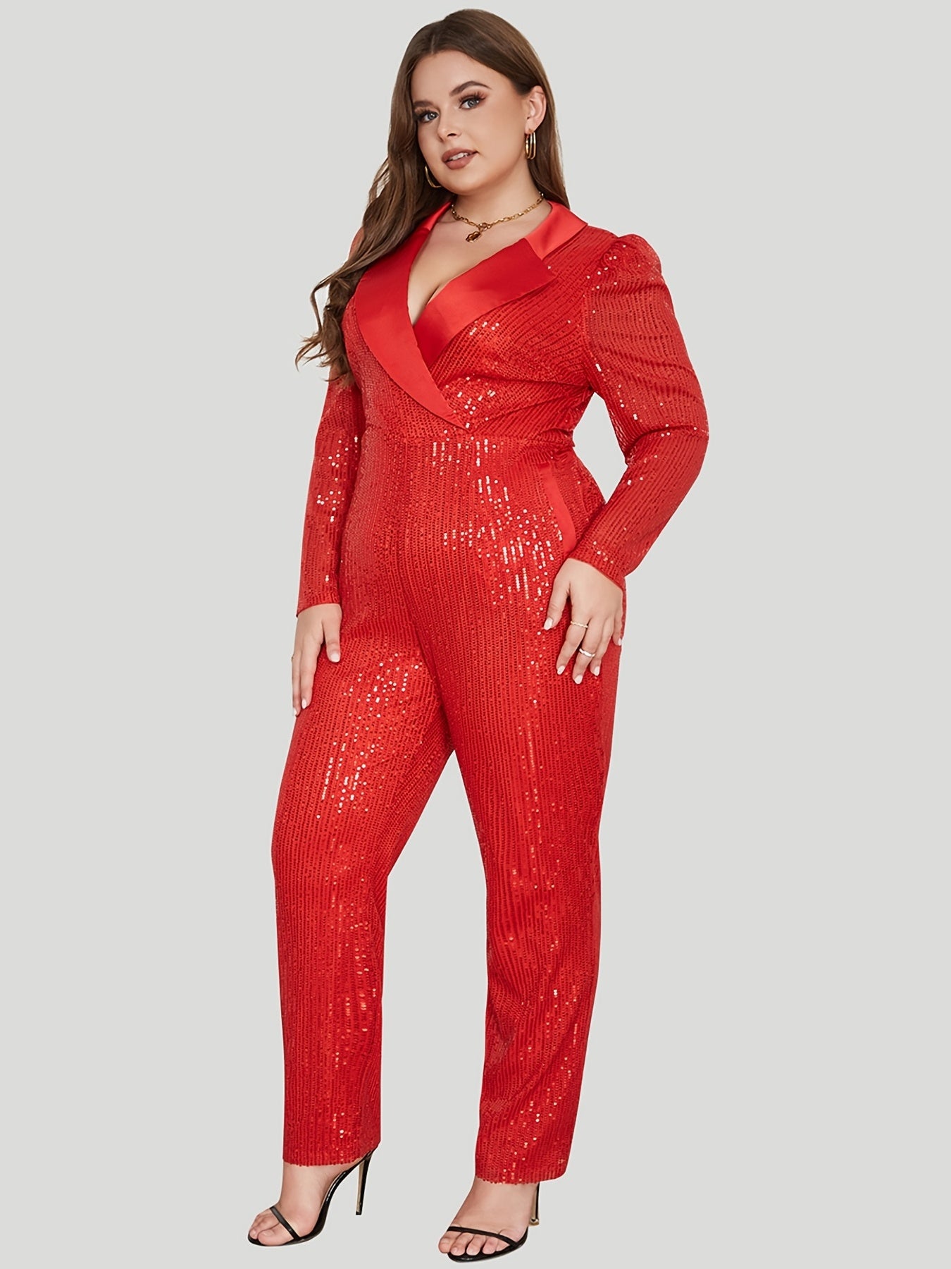 Plus Size Elegant Jumpsuit, Women's Plus Solid Sequin Lantern Sleeve Lapel Collar Jumpsuit