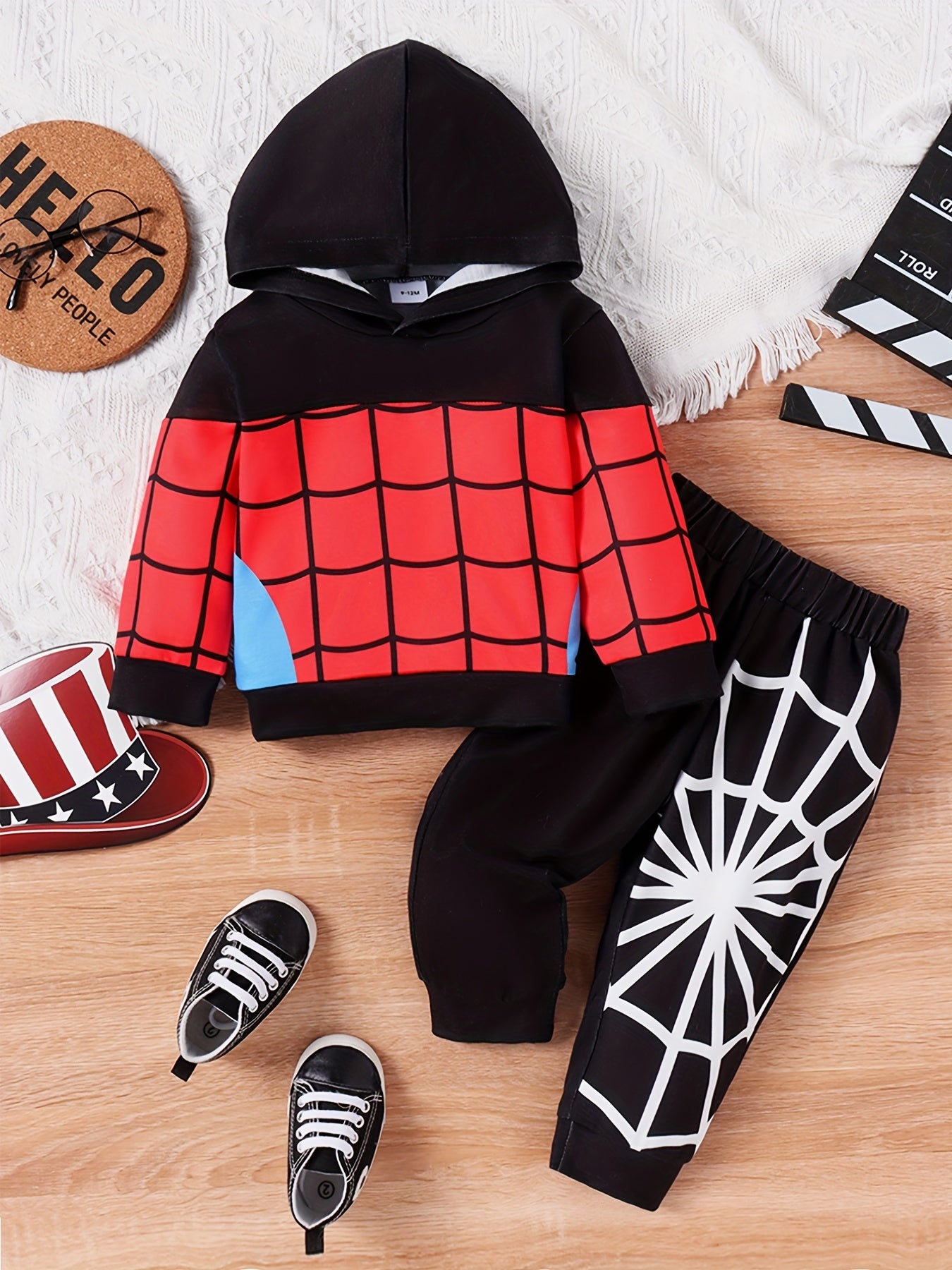 2pcs Boy's Spider Web Pattern Outfit, Hoodie & Sweatpants Set, Casual Cosplay Costume, Toddler Kid's Clothes For Spring Fall Winter