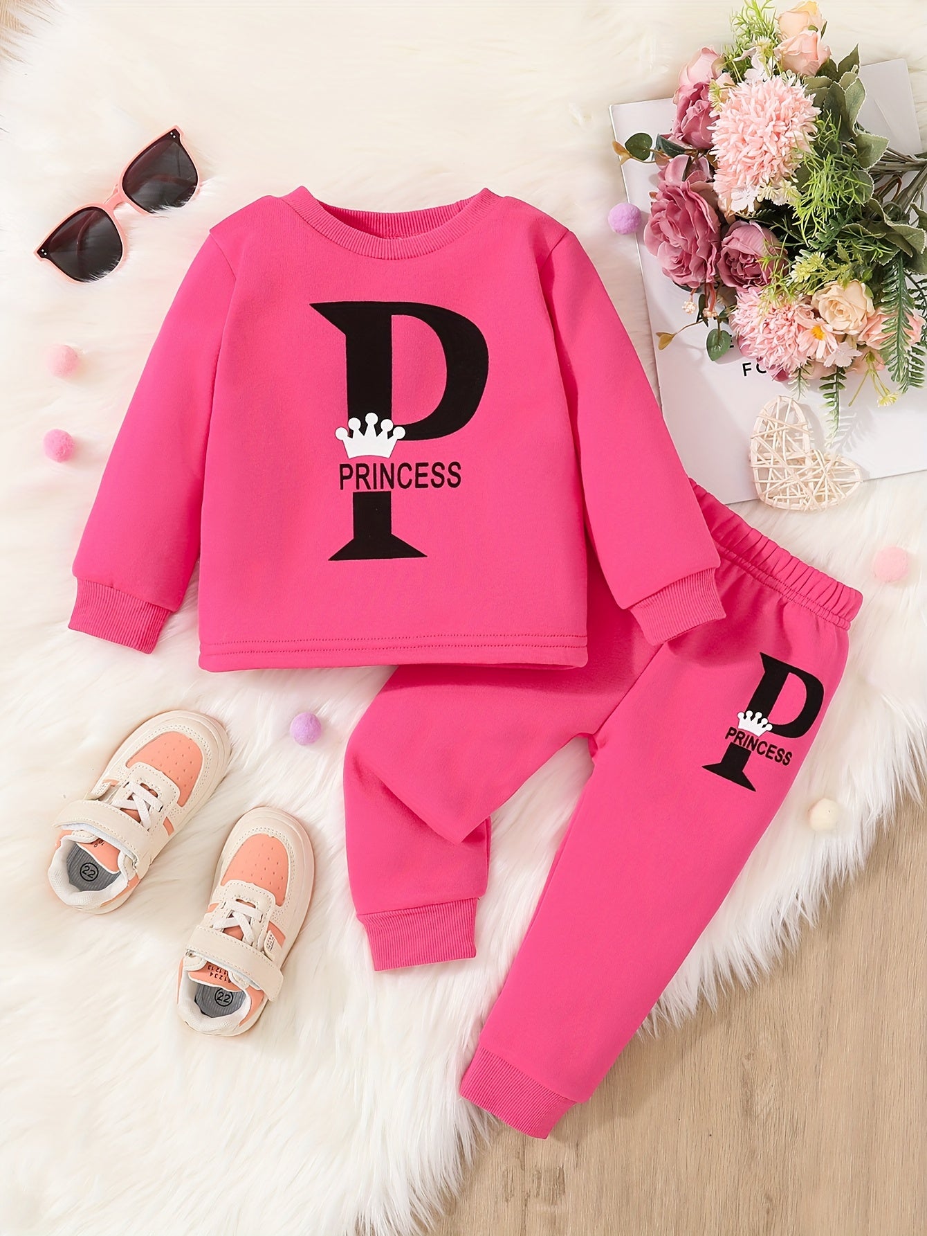 Baby Girls Casual Long Sleeve Thickened Sweatshirt Set, P Letter Print Fashion Sweatshirt + Simple Trousers For Autumn And Winter