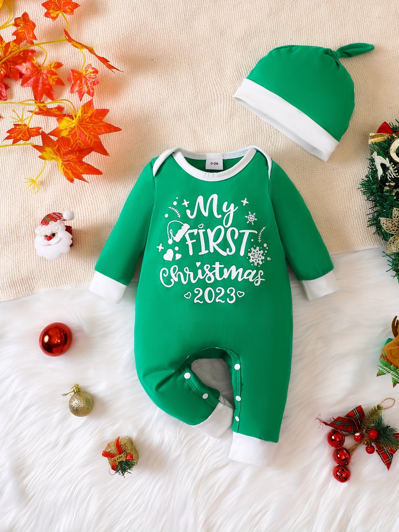 My First Christmas Print Cute Jumpsuit & Hat Set, Toddler Baby Boys Girls Clothes Autumn And Winter