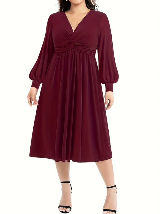 Plus Size Elegant Dress, Women's Plus Solid Twist Front Lantern Sleeve V Neck A-line Knee Length Dress