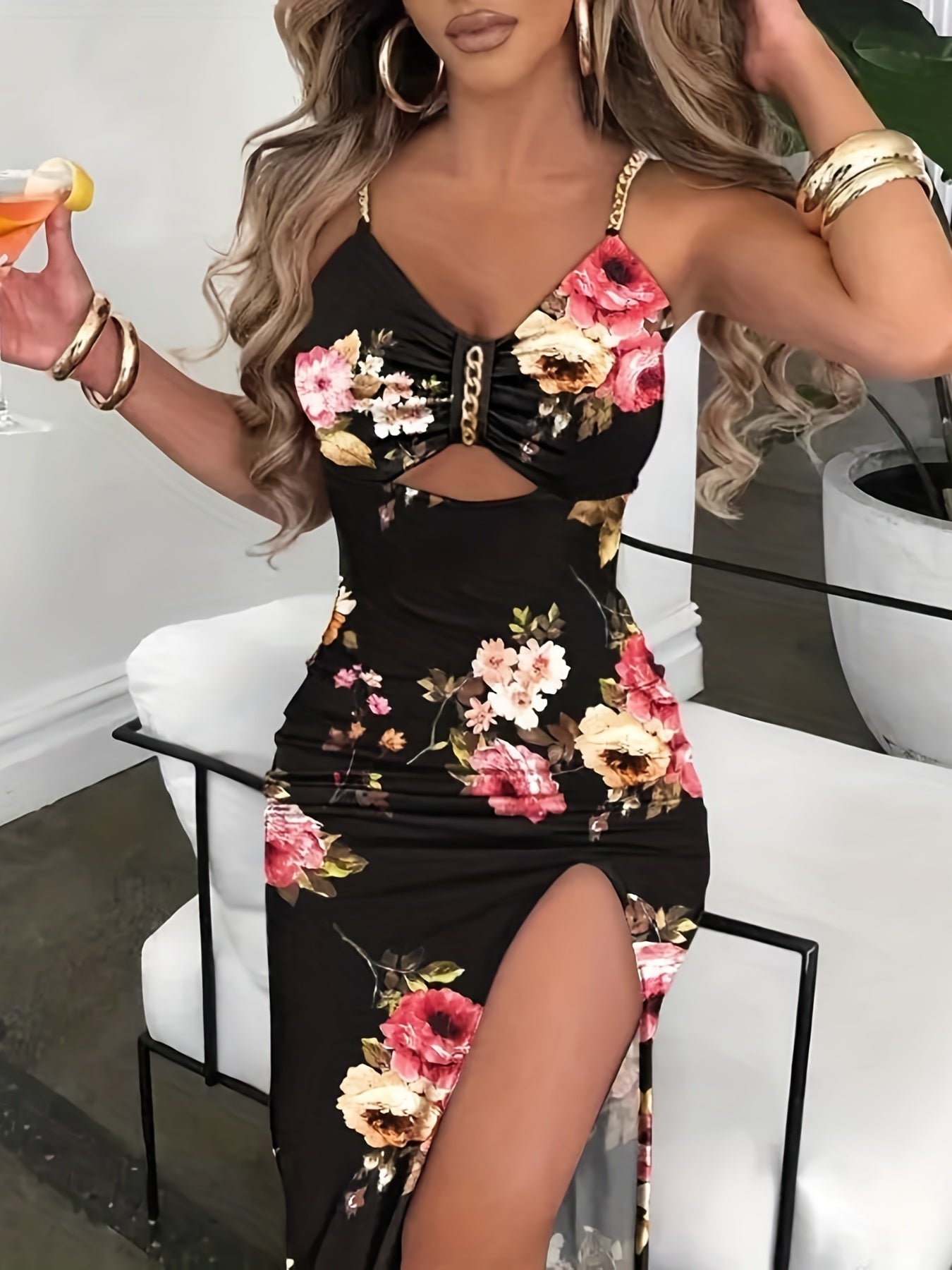 Floral Print Chain Strap Dress, Sexy Cut Out Sleeveless Bodycon Dress, Women's Clothing