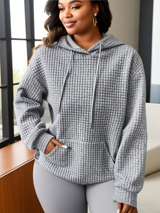 Plus Size Casual Sweatshirt, Women's Plus Solid Waffle Knit Long Sleeve Drawstring Hoodie With Giant Pocket