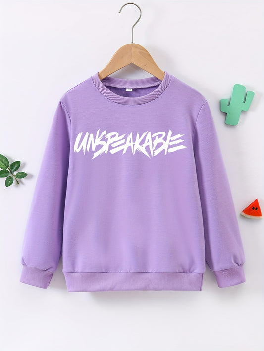 Trendy UNSPEAKABLE Letter Print Boys Casual Creative Pullover Sweatshirt, Long Sleeve Crew Neck Tops, Kids Clothing Outdoor