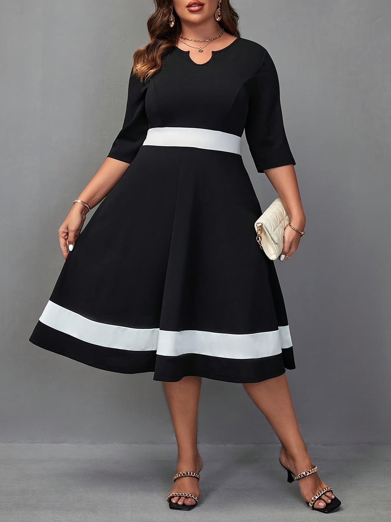 Plus Size Elegant Dress, Women's Plus Colorblock Three Quarter Sleeve Notched Neck A-line Midi Dress