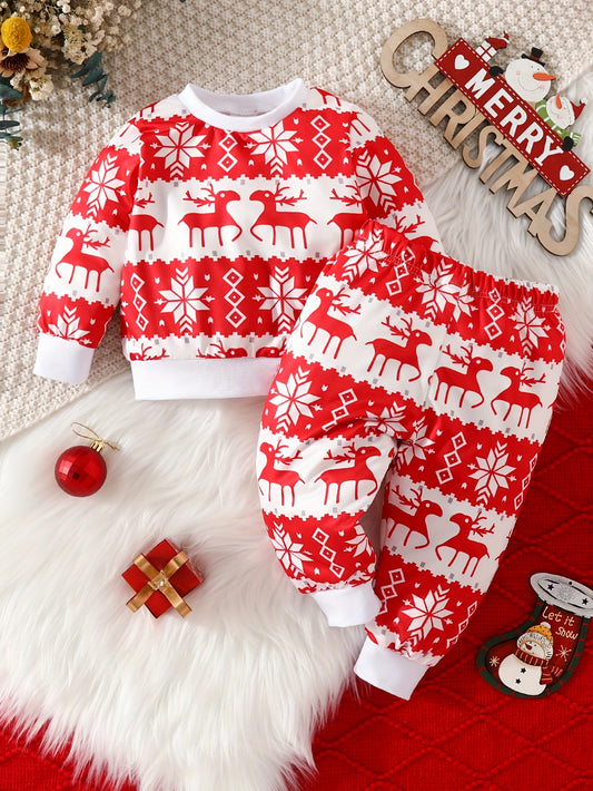 Baby Toddler Boys 2pcs Cute Christmas Deer Graphic Pullover + Pants Set, Kids Clothes Autumn And Winter