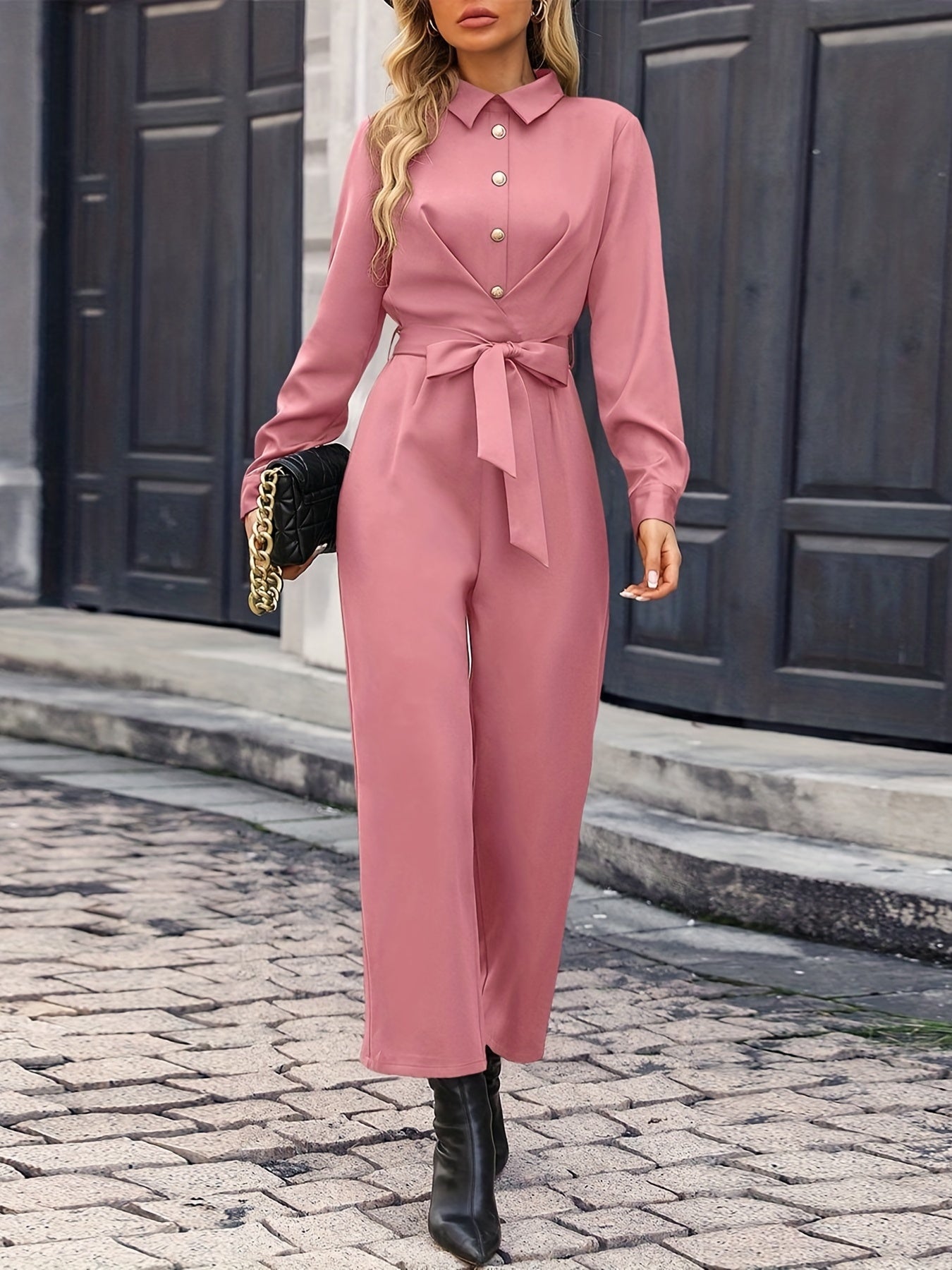 Solid Flat Collar Belted Straight Leg Jumpsuit, Casual Long Sleeve Button Jumpsuit For Spring & Fall, Women's Clothing
