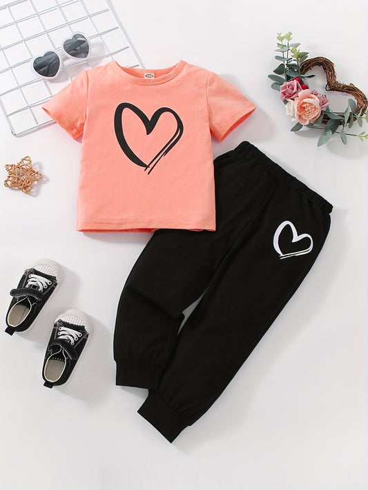 Girls Trendy Set Heart Print Round Neck Short Sleeve T-shirt & Sweatpants 2pcs Casual Cotton Kids Clothes