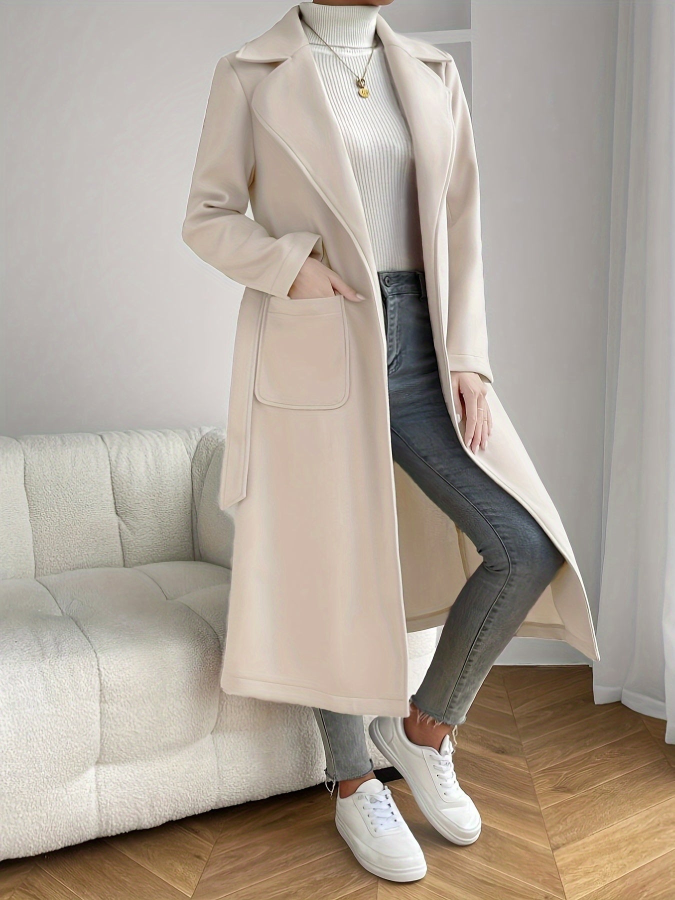 Solid Lapel Mid Length Overcoat, Casual Open Front Long Sleeve Outerwear With Pockets, Women's Clothing