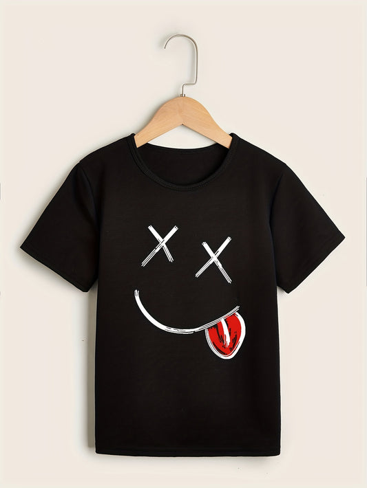 Boys' Casual T Shirts With ''Smile'' Graphic Crew Neck Stretch Summer Tops, Kids Clothing