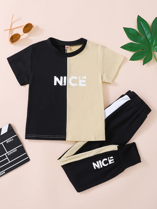 2pcs Boys Letter Graphic Round Neck T-Shirts Color Block Short Sleeve Tees Top & Elastic Waist Splicing Pants Set Kids Summer Clothes