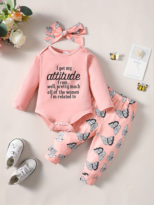 Baby Girl's Graphic Long-sleeved Romper Top + Butterflies Print Pants Set, Newborn's Cute Casual Clothes