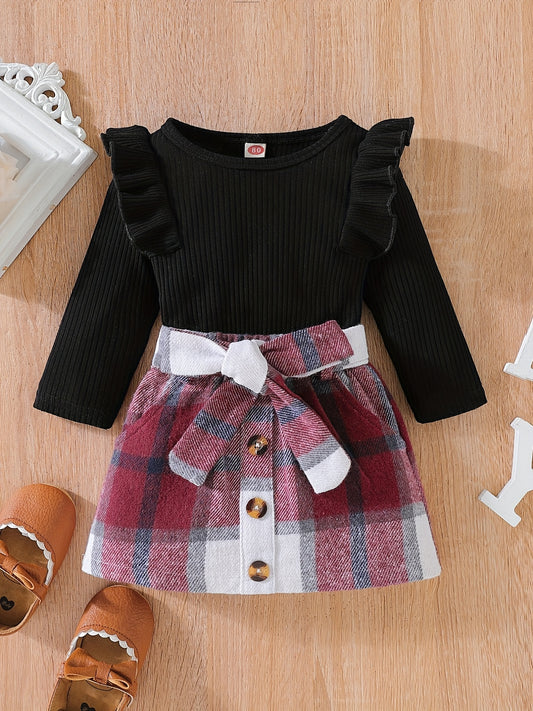 Toddler Girls Ribbed Knit Ruffle Trim Top & Corduroy Belted Skirt