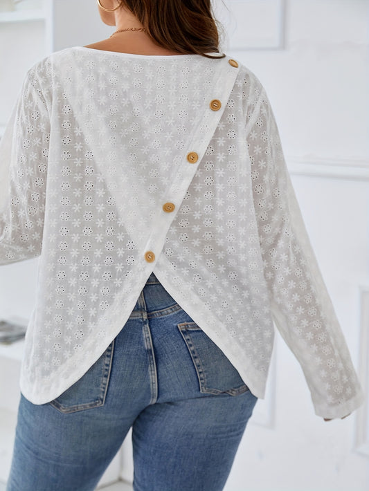 Plus Size Casual Blouse, Women's Plus Solid Eyelet Embroidered Round Neck Long Sleeve Button Decor Top