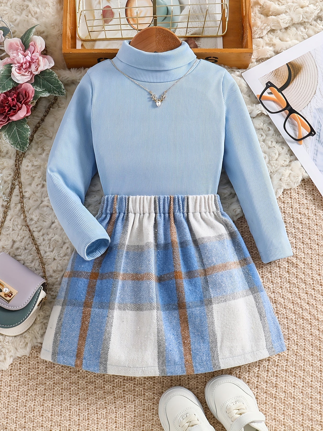 2pcs Girl's Casual Outfit, Turtleneck Top & Plaid Pattern Skirt Set, Toddler Kid's Clothes For Spring Autumn