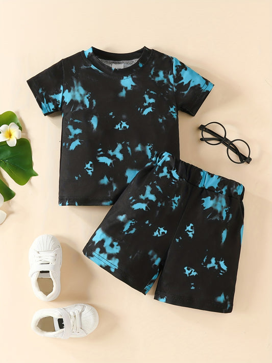 2pcs Boys And Girls Chic Tie Dye Round Neck T-shirt & Shorts Set, Babies Toddlers Stretchy Comfy Trendy Clothes