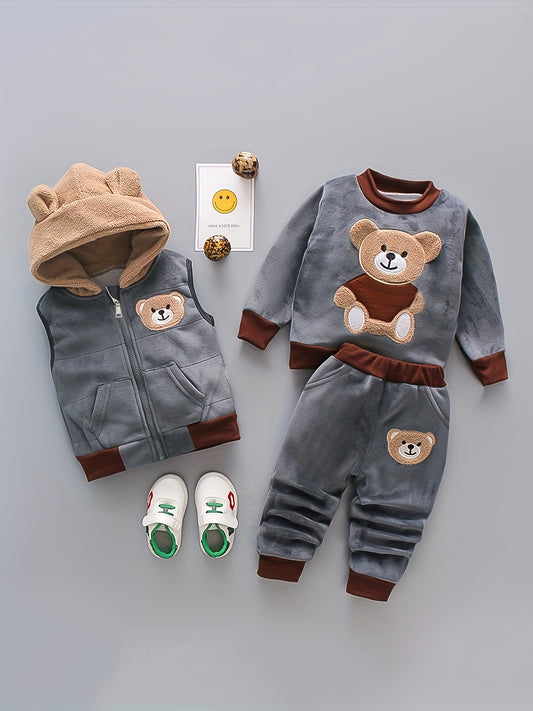 Boy's Thermal Velvet Outfit 3pcs, Bear Patchwork Sweatshirt & Hooded Vest & Jogger Pants Set, Toddler Kid's Clothes For Spring Fall Winter