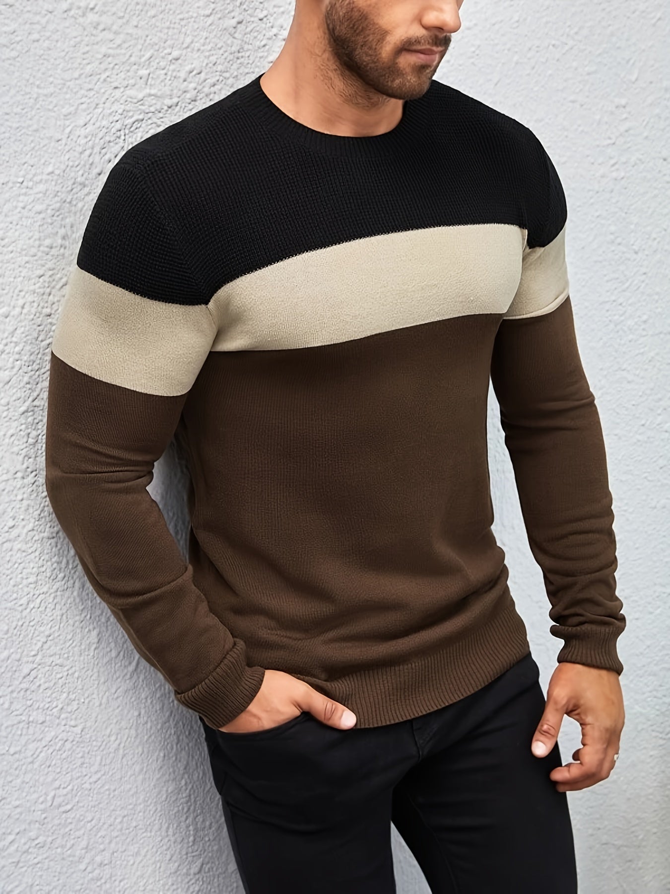 All Match Knitted Color Block Sweater, Men's Casual Warm High Stretch Crew Neck Pullover Sweater For Men Fall Winter