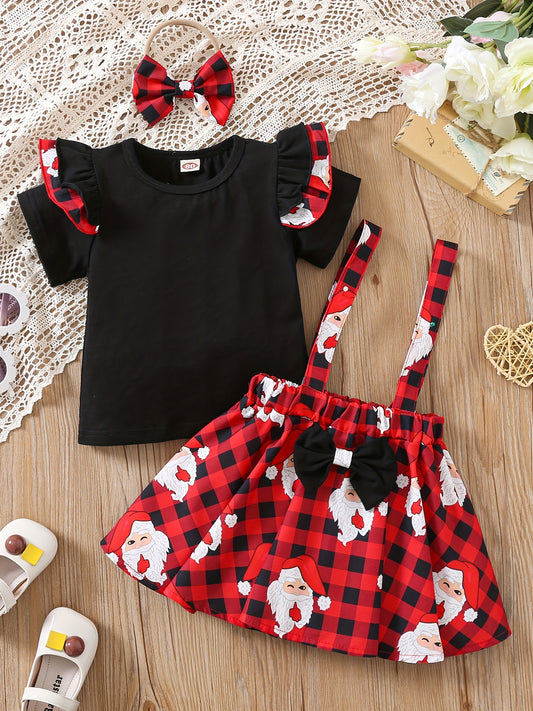 3pcs Girls Flying Sleeve Black Short Sleeve Top & Red Polka Dot Suspender Skirt & Bow Headband Set Kids Clothes