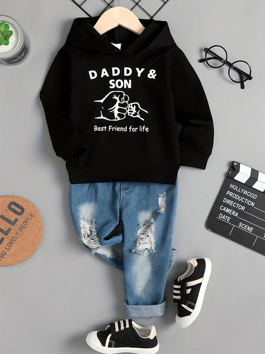 DAD+SON Fist Graphic Print Boys Casual Creative Long Sleeve Hooded Sweatshirt&Denim Pants Sets, Kids Clothes