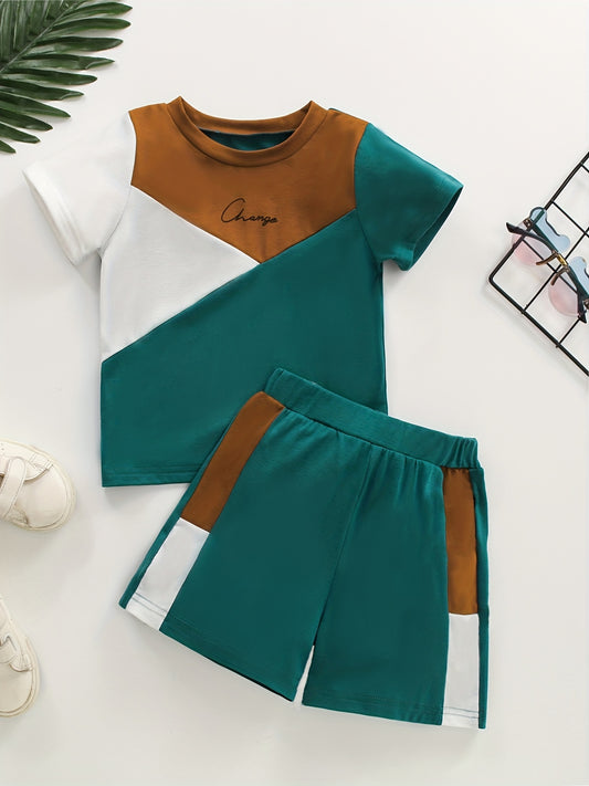 Boys Two-piece Color Block Print Short Sleeve T-shirt & Elastic Waist Shorts CHANGE Print Round Neck Top Casual Summer 2 Pcs Kids Clothes