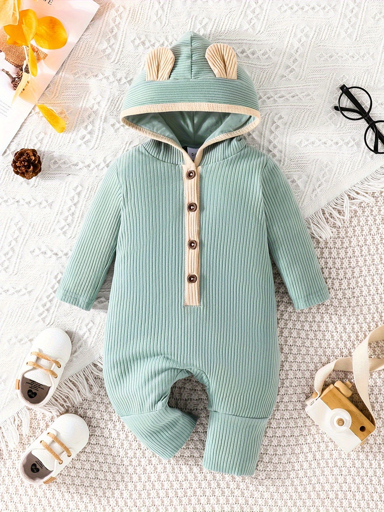 Baby Toddler's Cotton Cute Hooded Button Up Long Sleeve Jumpsuit With Bunny Ears