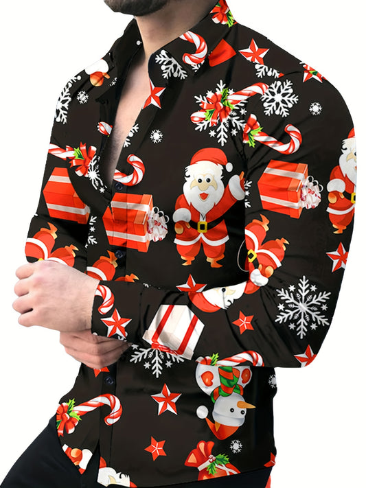 Christmas Lovely Cartoon Full Print Men's Long Sleeve Button Up Shirt, Spring Fall, Party Costume