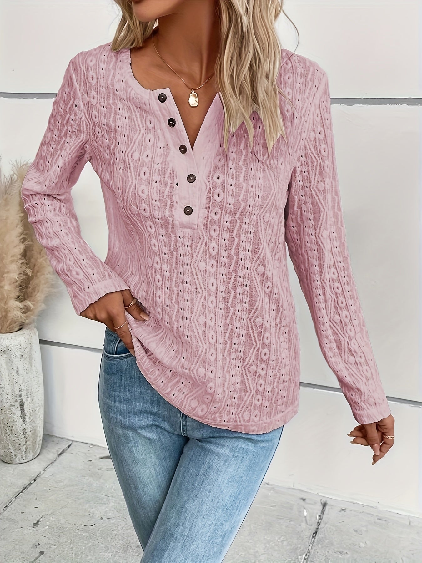 Floral Pattern Eyelet Button Front Blouse, Casual Long Sleeve Blouse For Spring & Fall, Women's Clothing