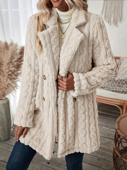 Double Breasted Lapel Teddy Coat, Versatile Long Sleeve Textured Thermal Winter Outwear, Women's Clothing