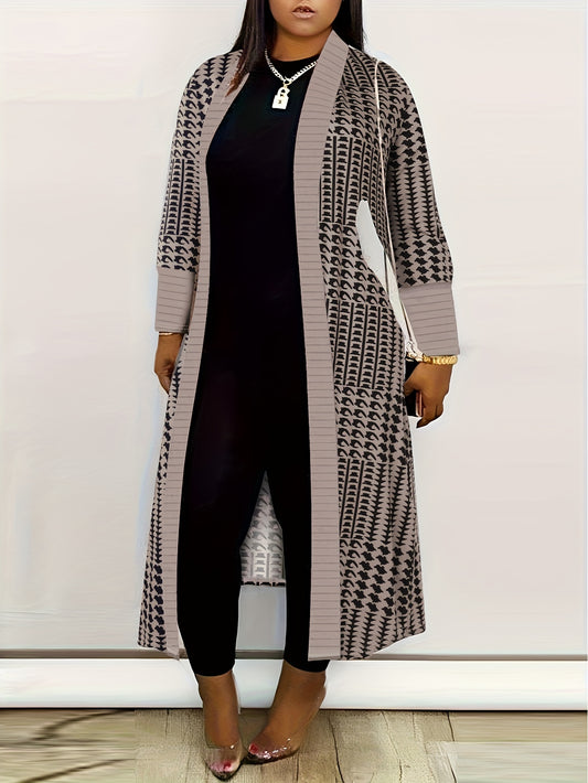 Plus Size Casual Coat, Women's Plus Geometric Print Long Sleeve Open Front Slight Stretch Cardigan Coat