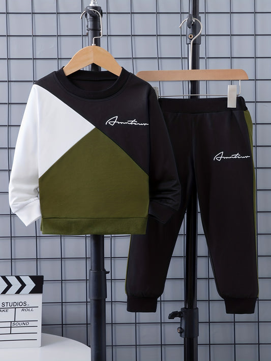 Boy's Letter Print 2pcs, Color Block Sweatshirt & Sweatpants Set, Casual Outfits, Kids Clothes For Spring Fall