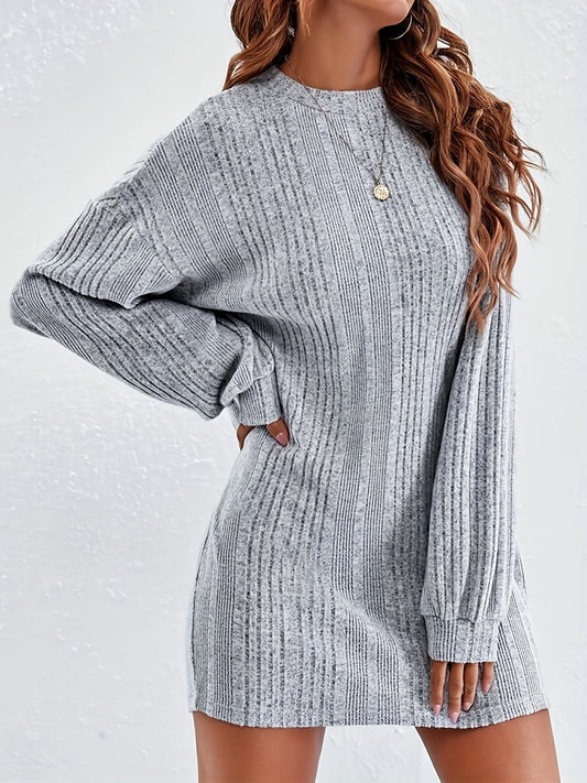Plus Size Casual Dress, Women's Plus Solid Ribbed Drop Shoulder Long Sleeve Round Neck Shift Dress