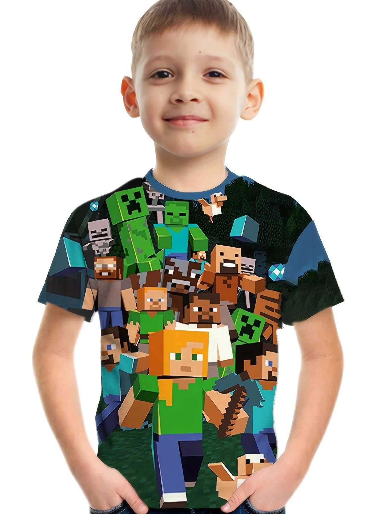 Building Blocks 3D Print Boys Creative T-shirt, Casual Lightweight Comfy Short Sleeve Tee Tops, Kids Clothings For Summer