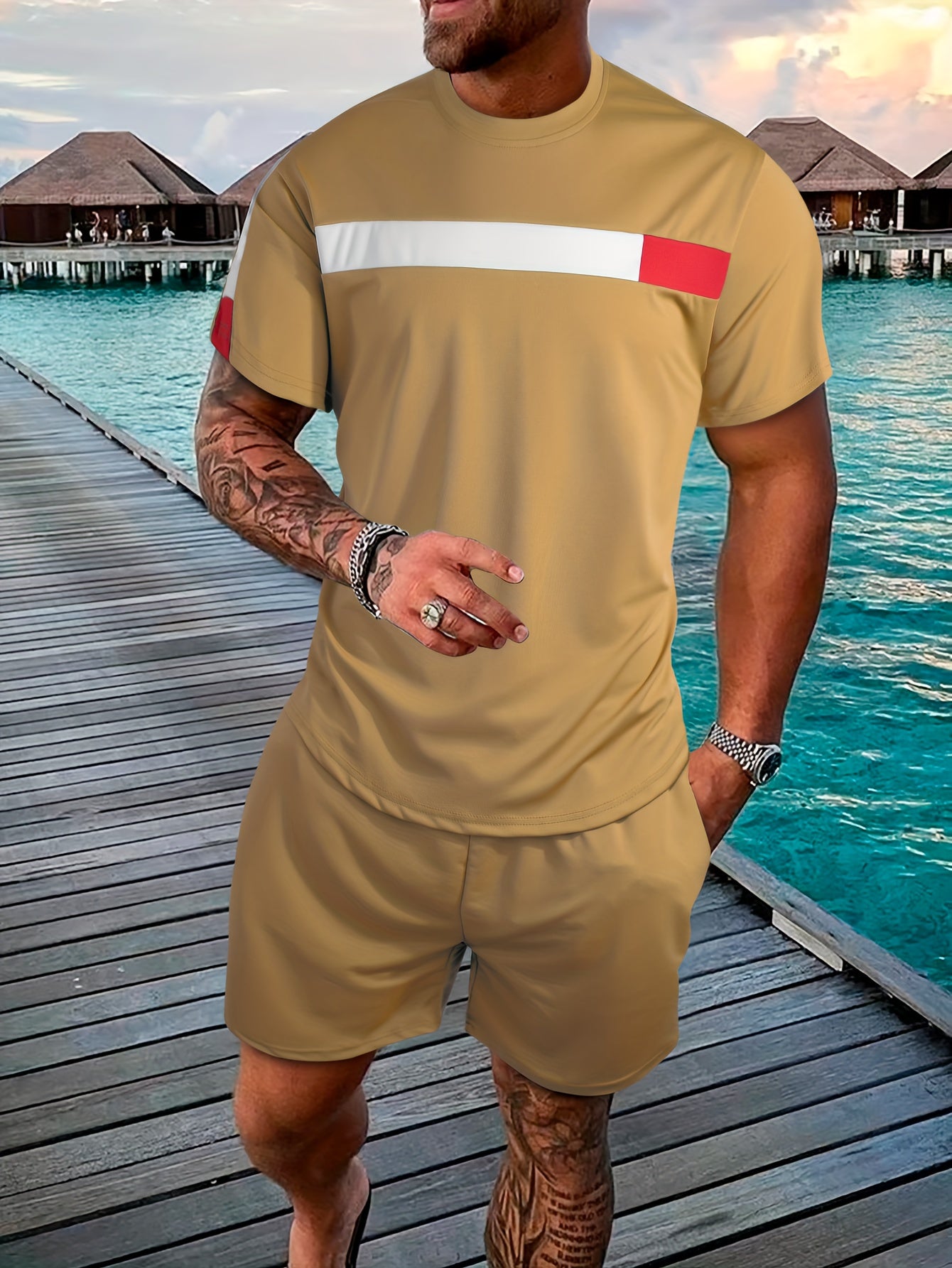 Men's Colorblock Casual T-shirt Outfit Set, 2 Pieces Round Neck Short Sleeve Tees And Drawstring Short Pants