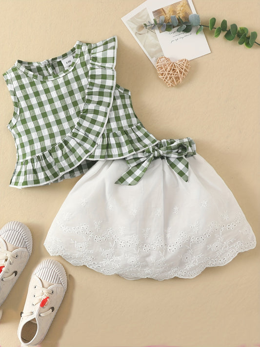 Baby Girls Casual Cute Ruffled Plaid Print Top & Lace Hem Skirt Set For Summer Holiday