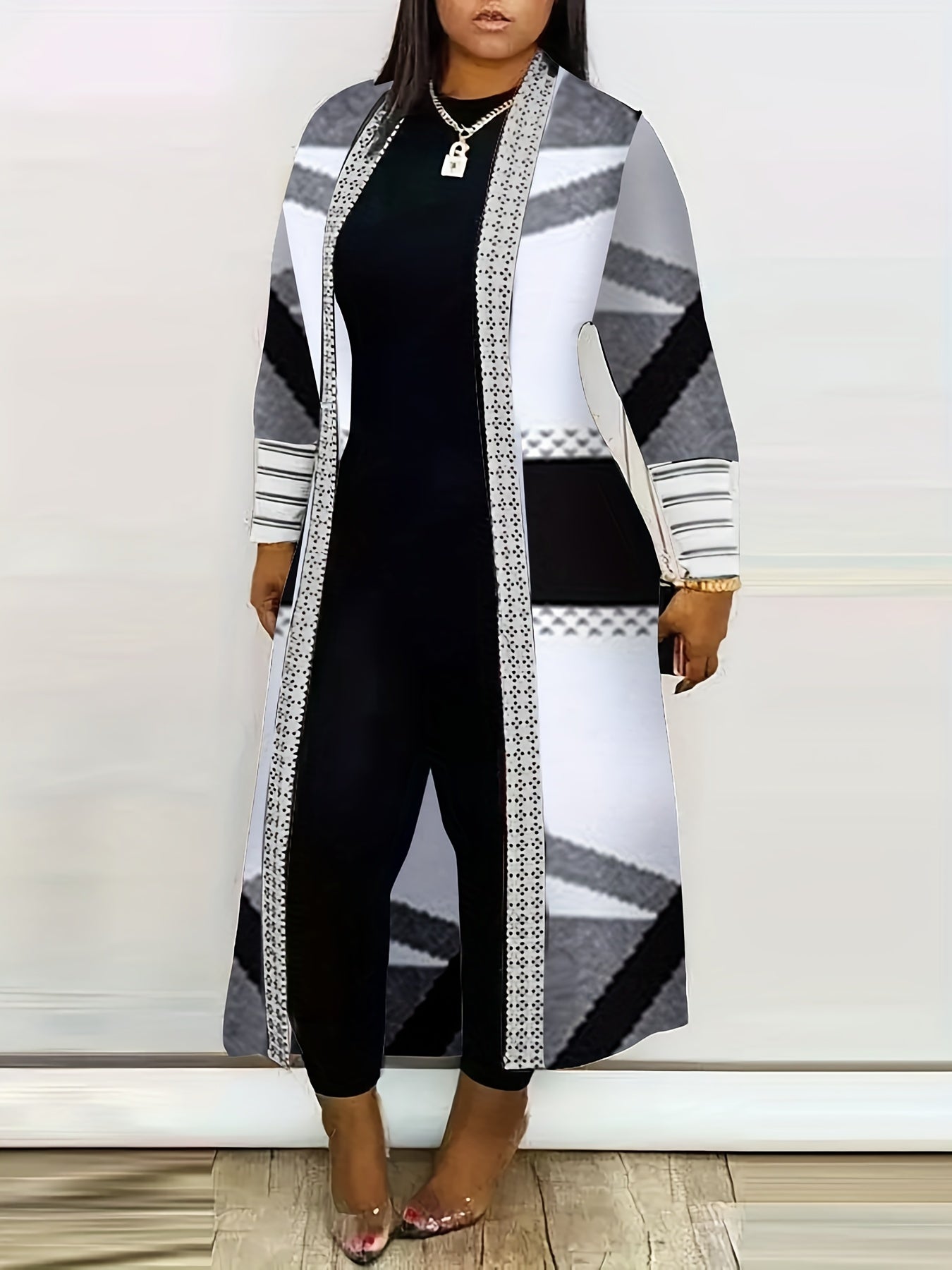 Plus Size Casual Coat, Women's Plus Colorblock Geo Print Long Sleeve Open Front Long Cardigan