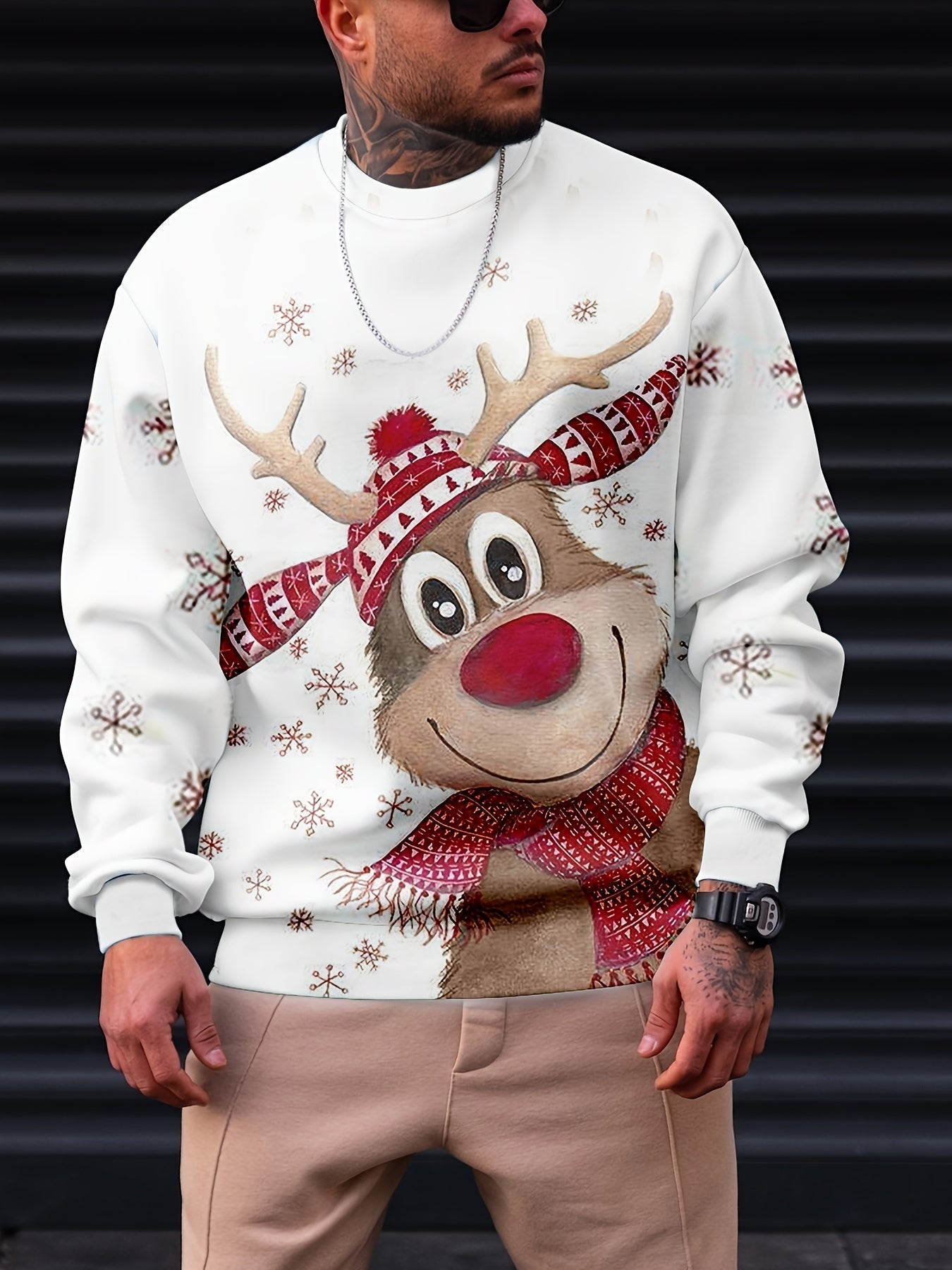Christmas Print Trendy Sweatshirt, Men's Casual Graphic Design Crew Neck Pullover Sweatshirt For Men Fall Winter