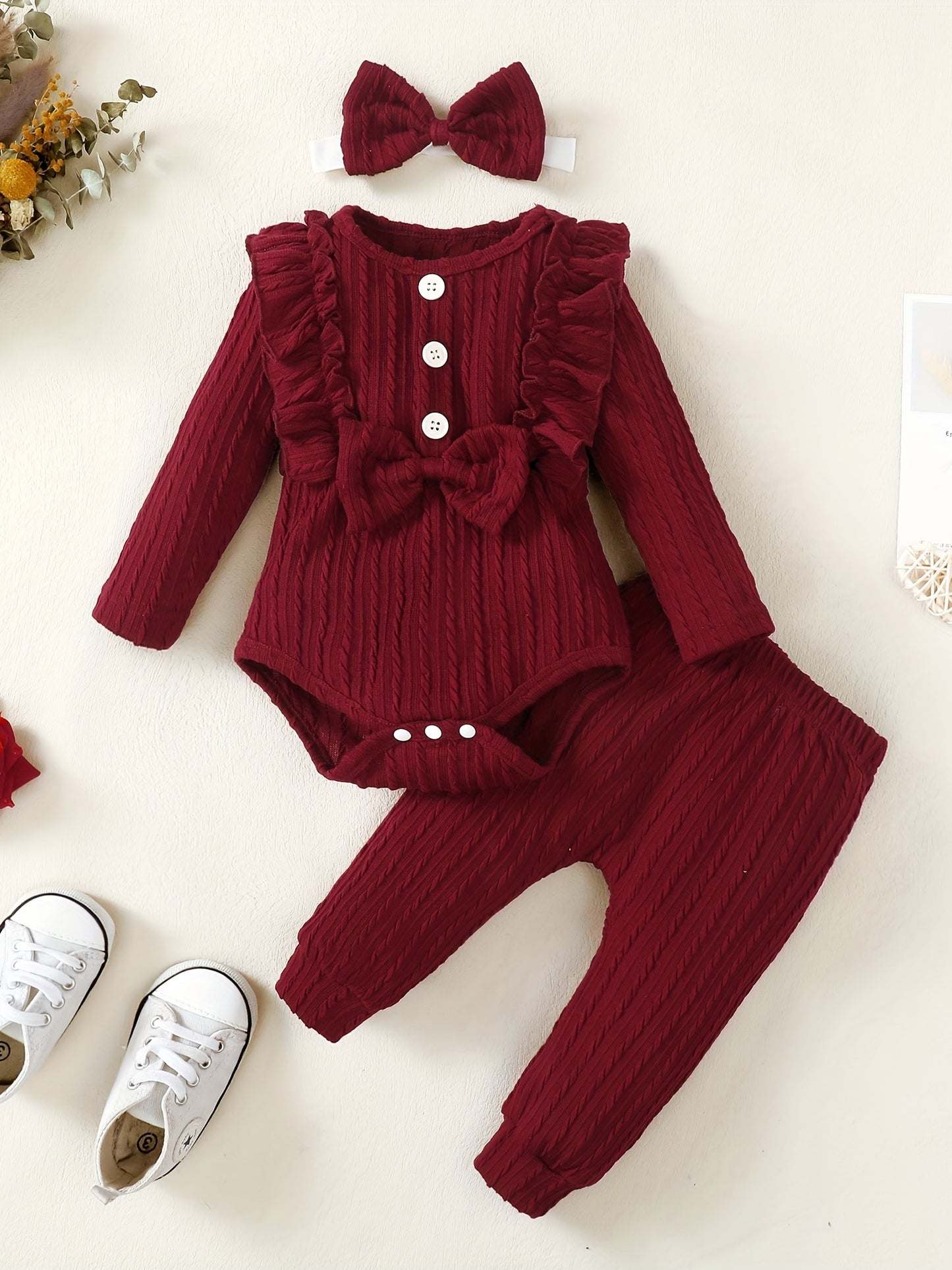 Baby Girls Simple Ruffled Long Sleeve Romper Top Pants Set For Spring And Autumn