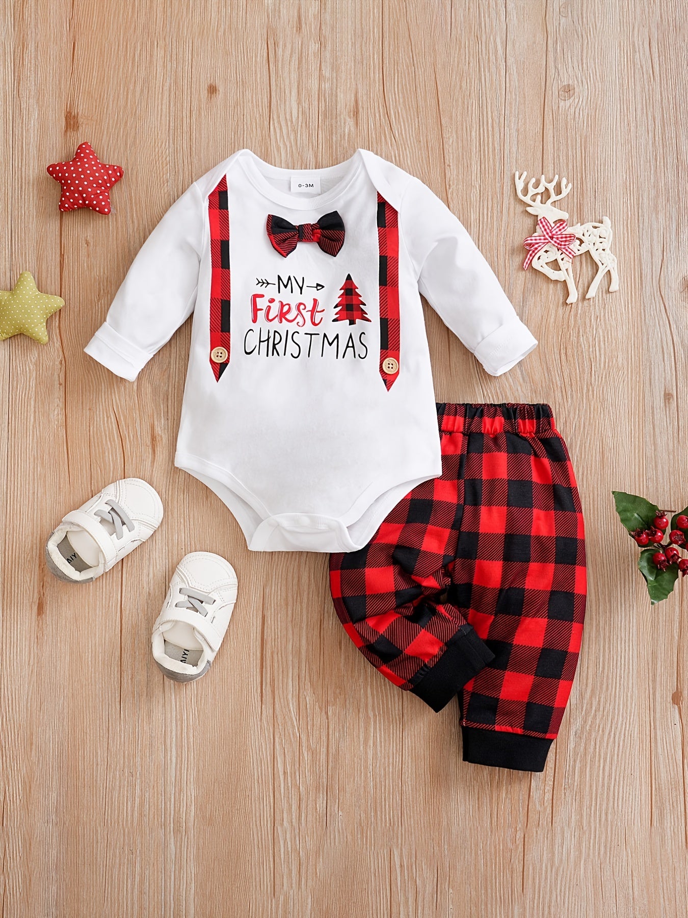 Christmas Baby Boy Outfit My First Christmas Infant Clothes Gentleman Romper Red Plaid Pants 0-18 Months
