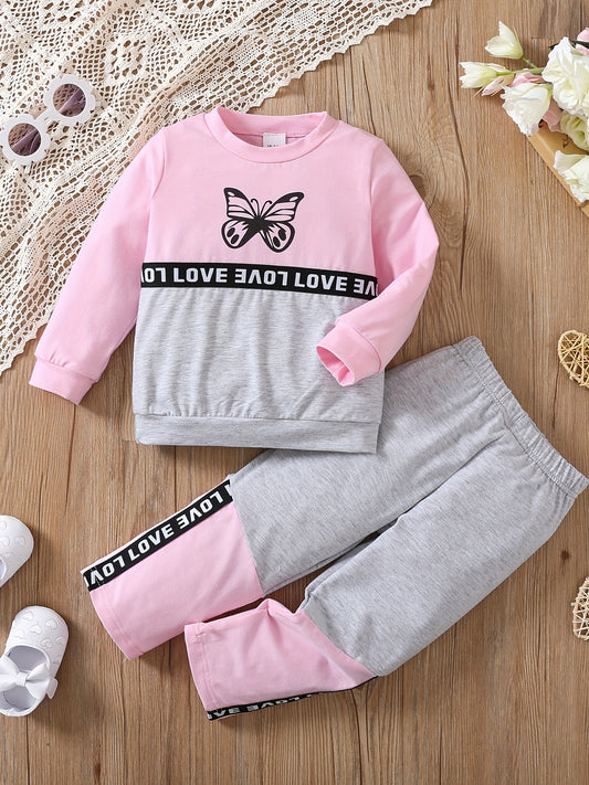 Girls Two-piece LOVE Print Long-sleeved Sweatshirt & Color Block Splicing Pants Suit Butterfly Print Casual Daily Autumn