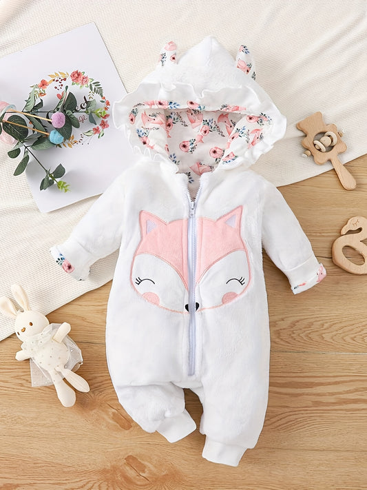 European And American Baby Girls Cute Plush Fox Printed Lining Jumopsuit, Hooded Zip Up Onesie Coat Clothes