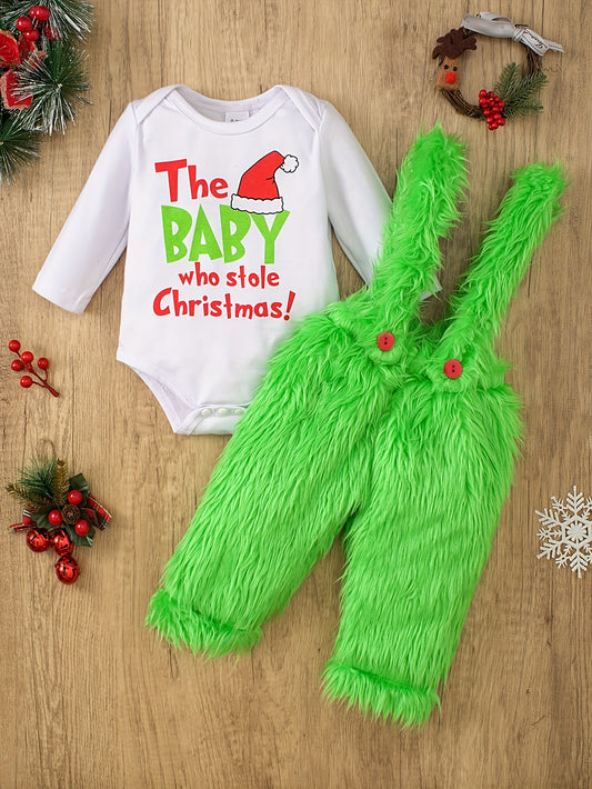 Christmas Baby Adorable Outfits - Letter Print Long Sleeve Round Neck Romper & Furry Green Pants Set, Kid's Party Casual Clothes