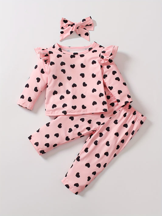 Toddler Baby Girls Heart Print Outfit - Ruffle Long Sleeve T-shirt & Loose Trousers & Headband, Casual & Comfy